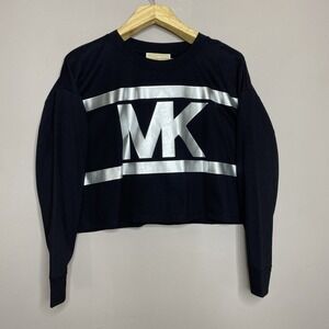 Michael Kors‎ Women's Long Sleeves Black Silver Logo Cropped Sweatshirt  Size XL